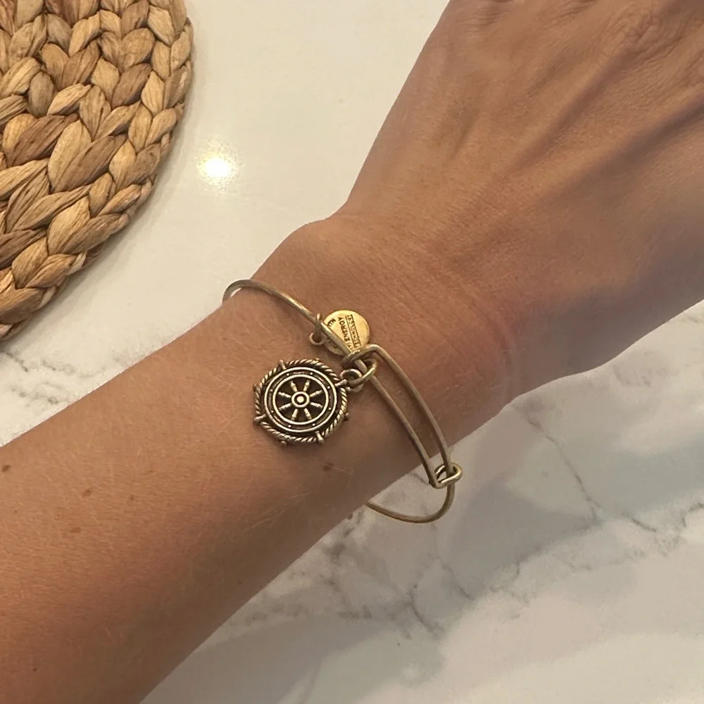 Alex and Ani Gold Nautical Wheel Charm Bangle Bracelet - Picture 2 of 4